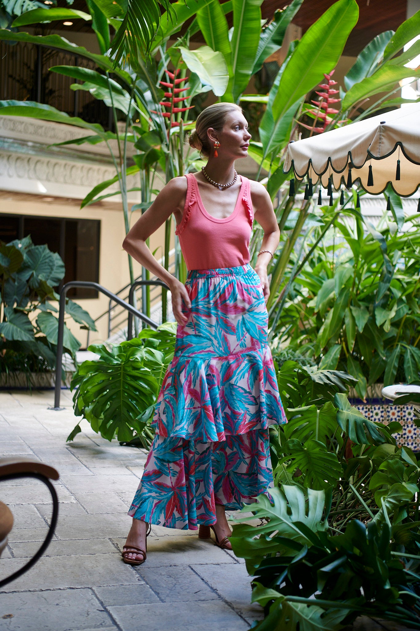 THE ELLA RUFFLE RIB TANK IN IN BRIGHT CORAL - BACK TO FRONT