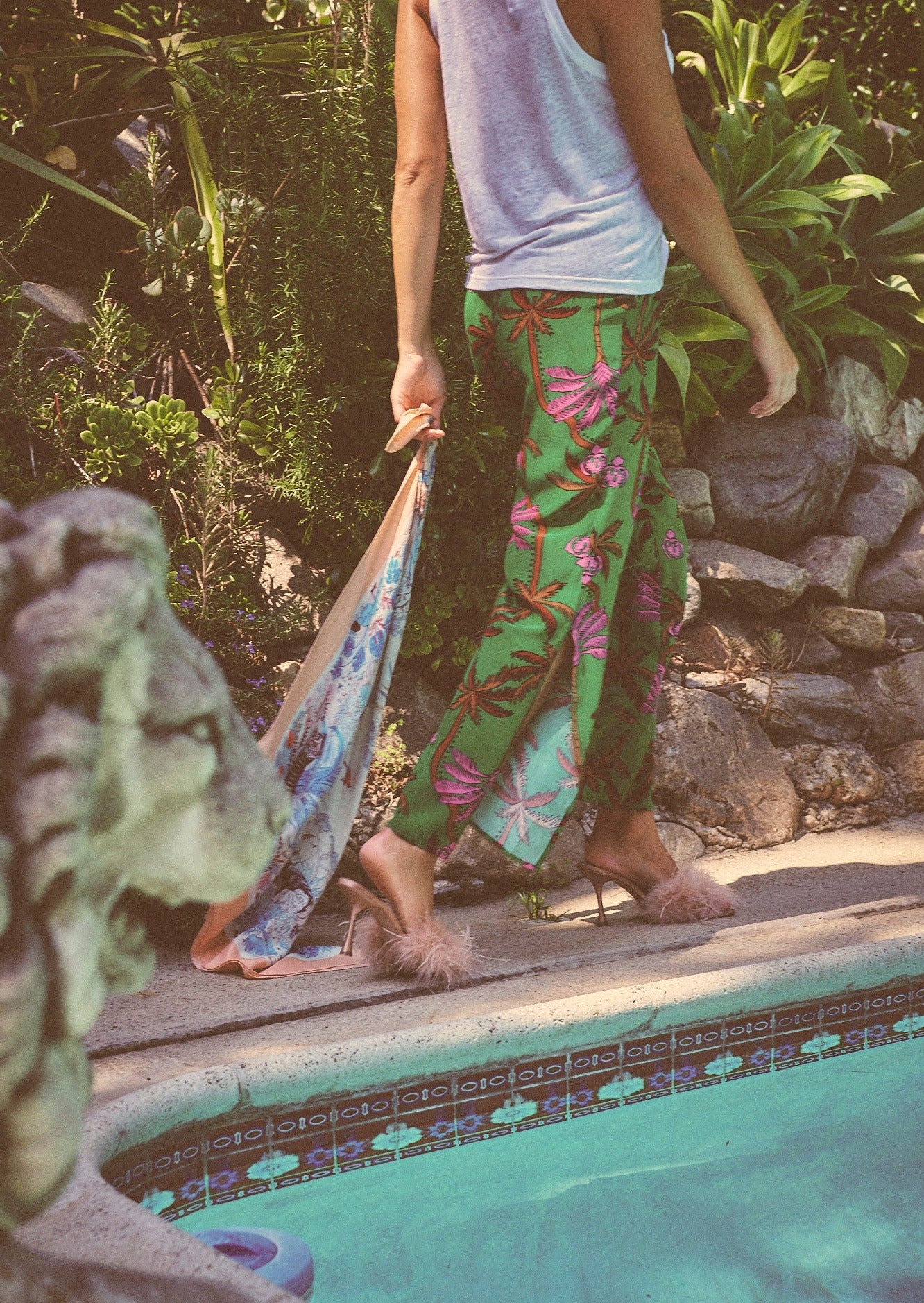 Silk Print Drawstring Wide Leg Pant with Side Slit in Palm Tree Print in Green, Brown and Pink with White Linen Tank Top Side View