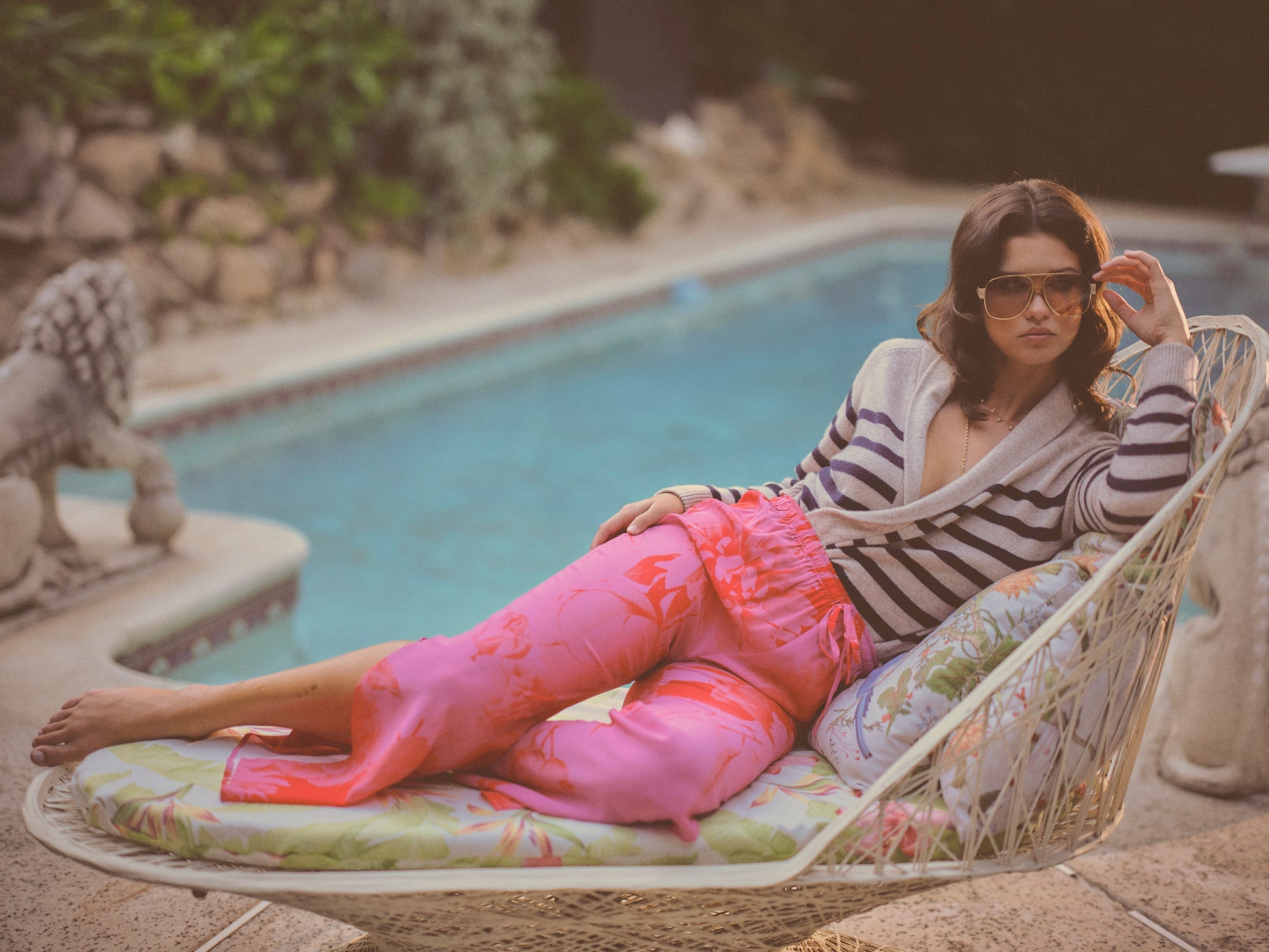 Floral Print Drawstring Wide Leg Pant with Side Slit in Pink and Coral with Cashmere Striped Navy Blue and Oatmeal Striped Shawl Collar Cardigan