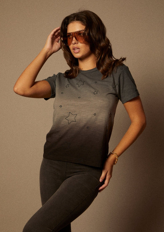 The Layla Tee in Midnight Ombre Dye with All Over Star Embroidery