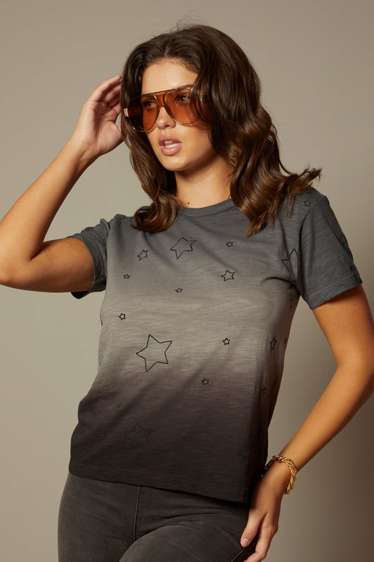 THE LAYLA TEE IN MIDNIGHT OMBRE DYE WITH ALL OVER STAR EMBROIDERY
