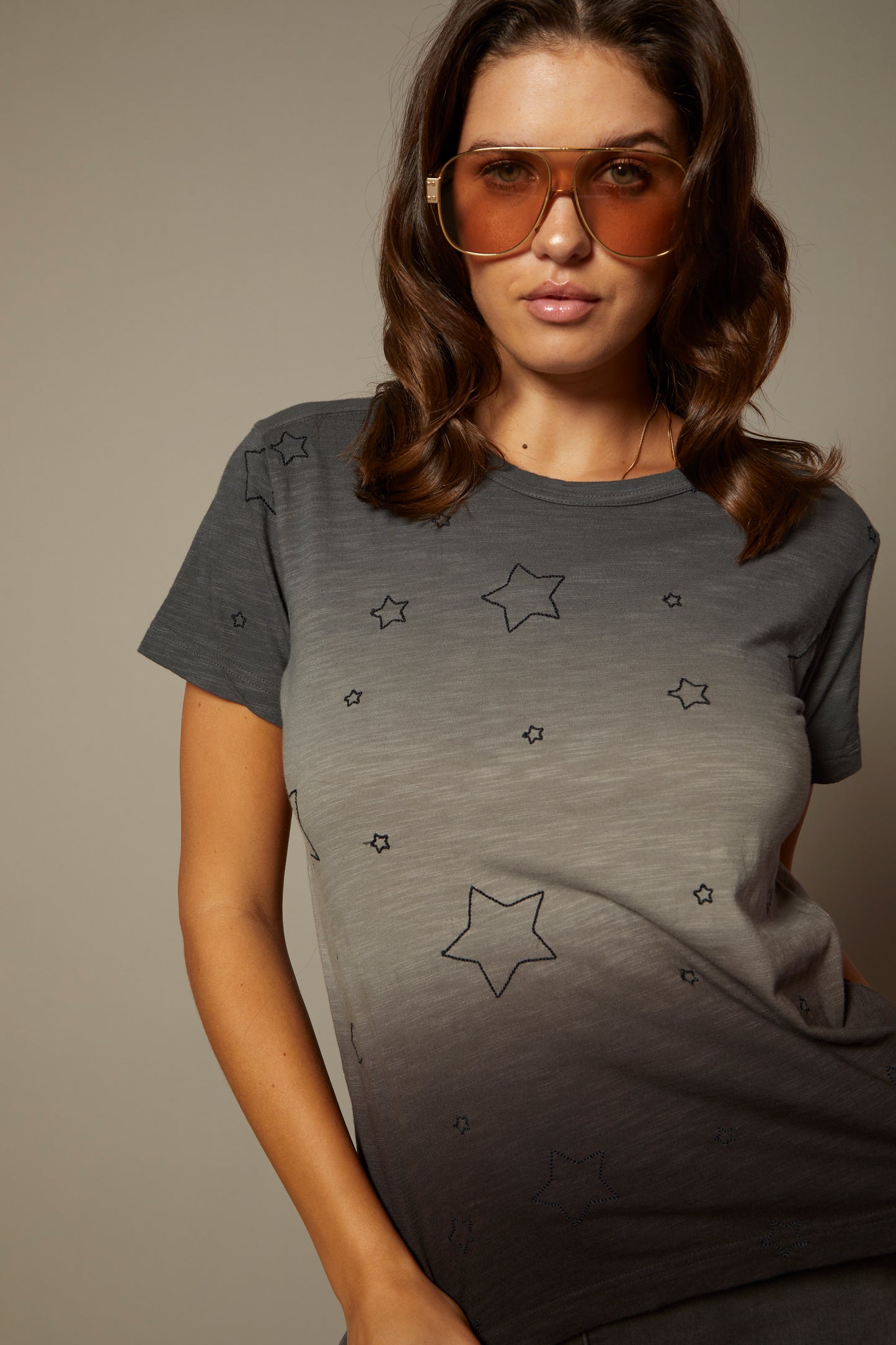 THE LAYLA TEE IN MIDNIGHT OMBRE DYE WITH ALL OVER STAR EMBROIDERY