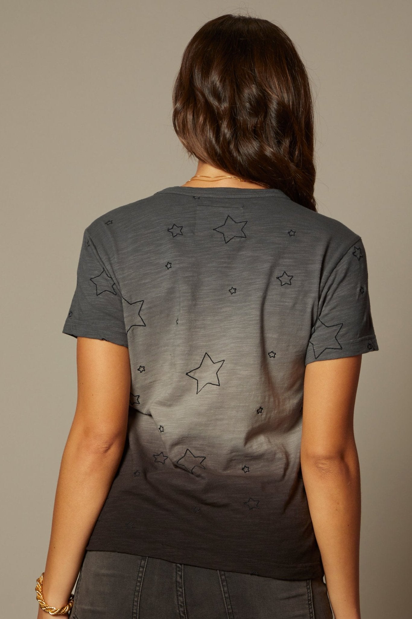 THE LAYLA TEE IN MIDNIGHT OMBRE DYE WITH ALL OVER STAR EMBROIDERY