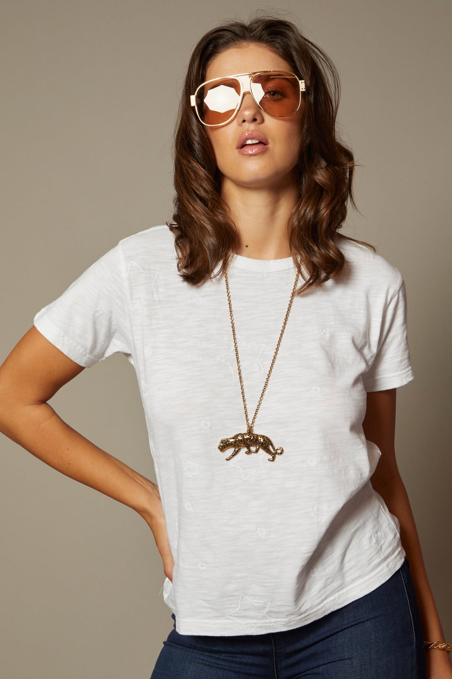 THE LAYLA TEE IN WHITE WITH ALL OVER STAR EMBROIDERY