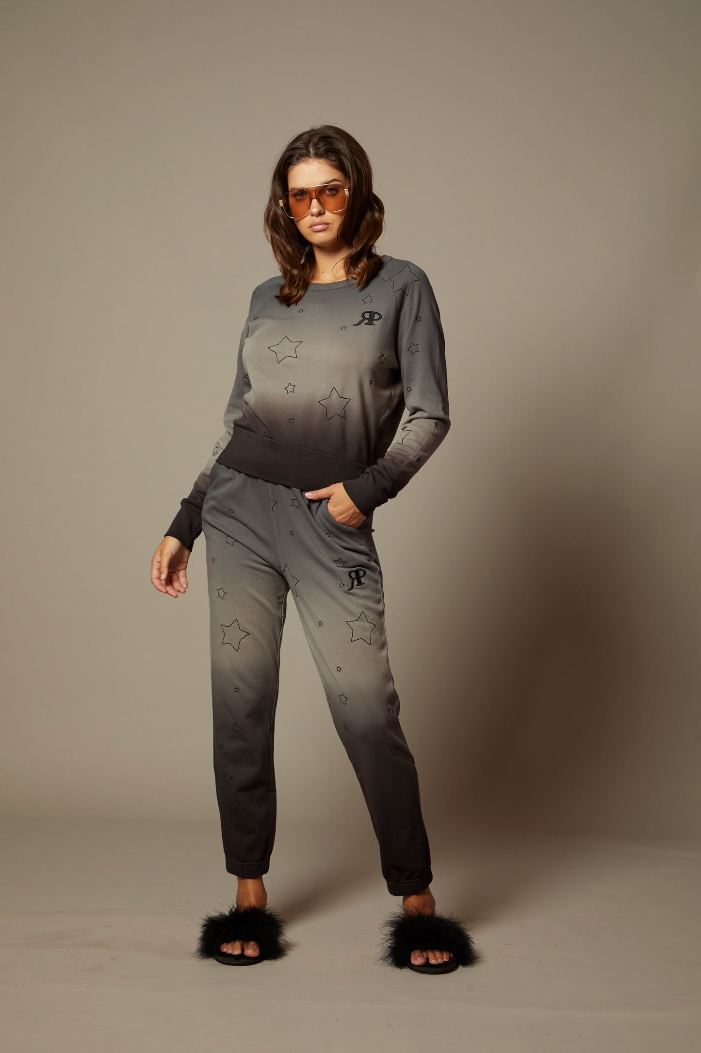 THE AMELIE JOGGER IN MIDNIGHT OMBRE DYE WITH ALL OVER STAR EMBROIDERY