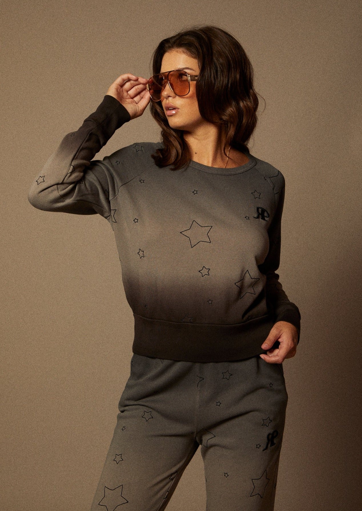 Black and Grey Ombre Dip Dye Sweatshirt with Star Embroidery