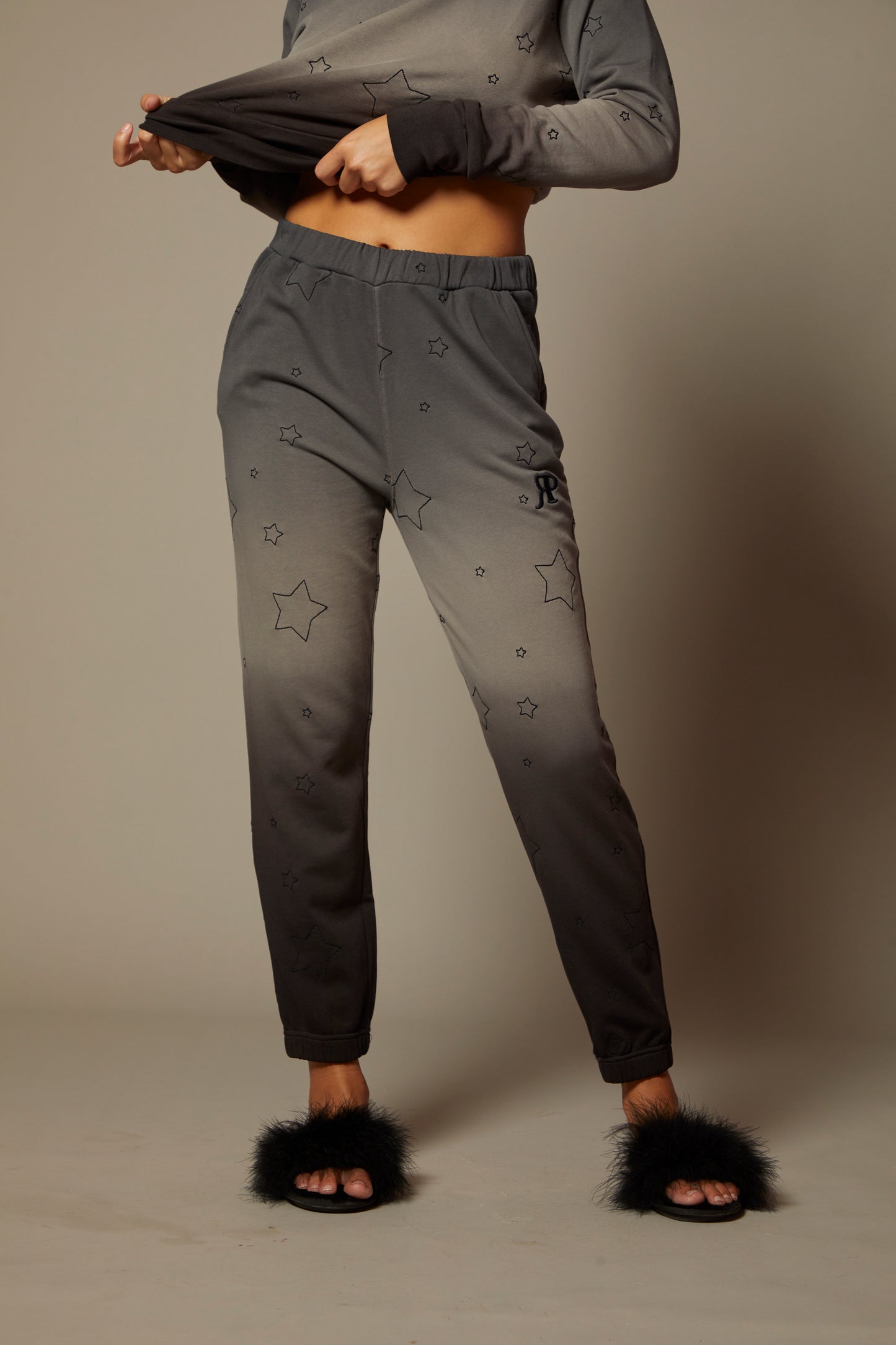 THE AMELIE JOGGER IN MIDNIGHT OMBRE DYE WITH ALL OVER STAR EMBROIDERY