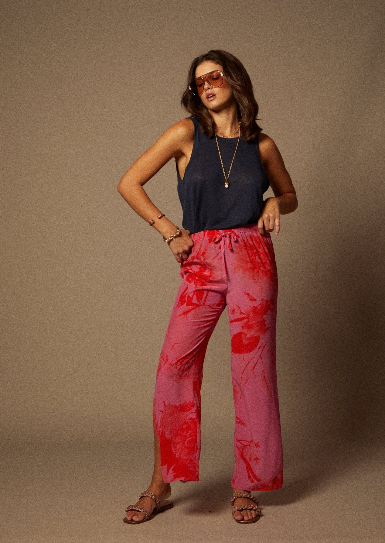 Floral Print Drawstring Wide Leg Pant with Side Slit in Pink and Coral