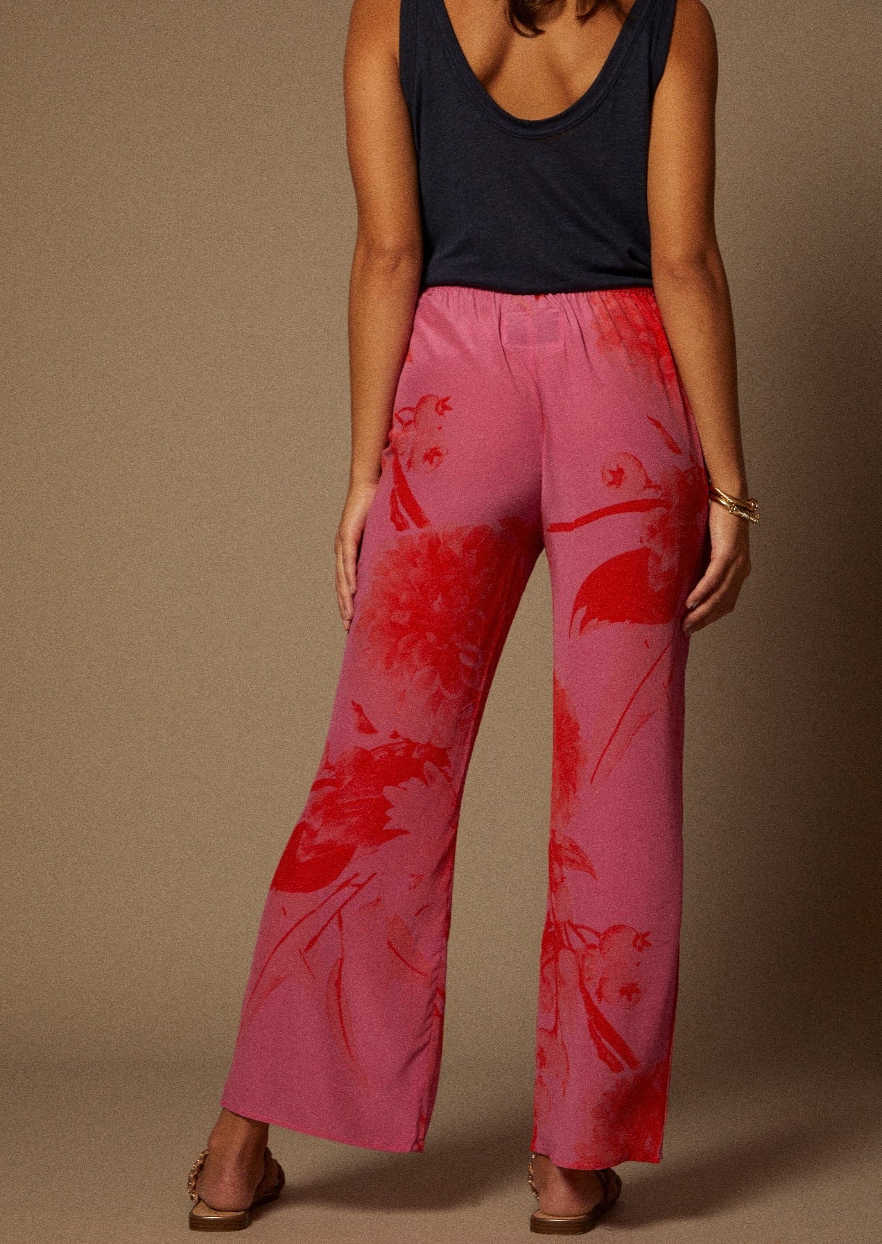 Floral Print Drawstring Wide Leg Pant with Side Slit in Pink and Coral