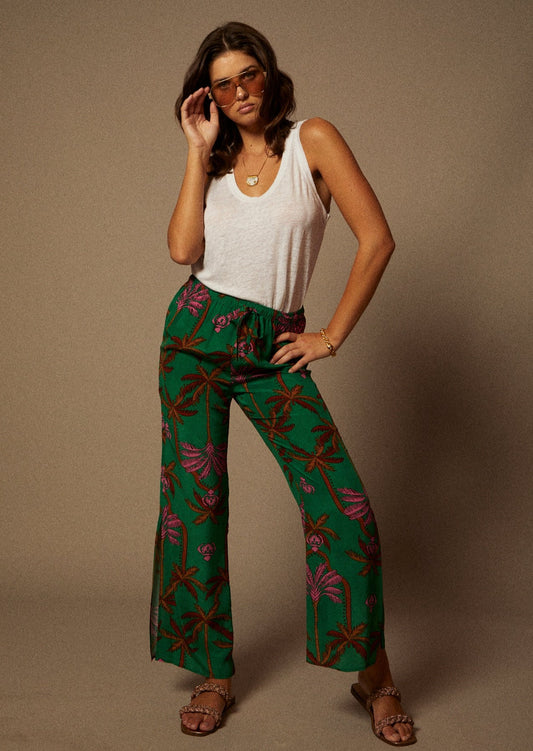 Silk Print Drawstring Wide Leg Pant with Side Slit in Palm Tree Print in Green, Brown and Pink