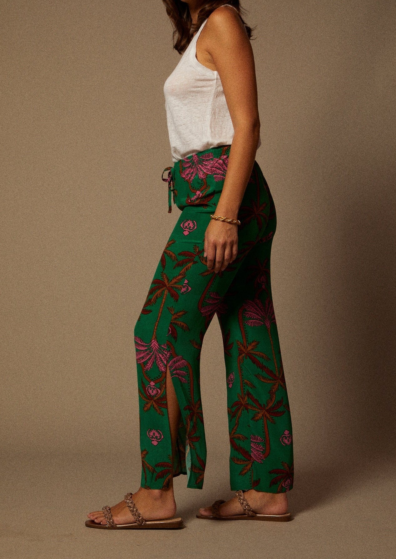 Silk Print Drawstring Wide Leg Pant with Side Slit in Palm Tree Print in Green, Brown and Pink