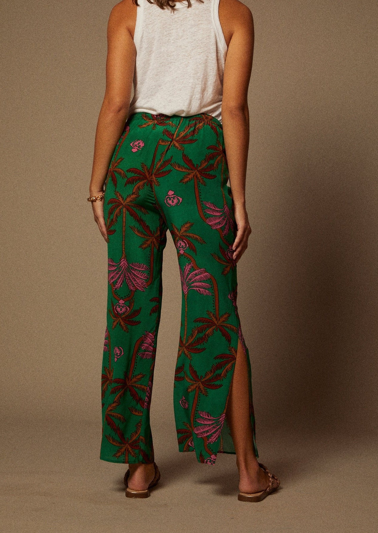 Silk Print Drawstring Wide Leg Pant with Side Slit in Palm Tree Print in Green, Brown and Pink back view