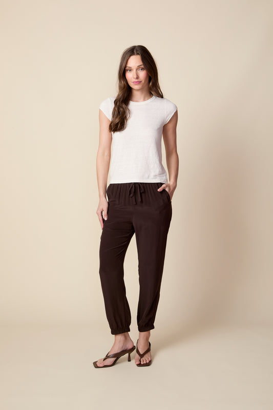 THE OLIVIA SILK JOGGER IN COFFEE BEAN BROWN