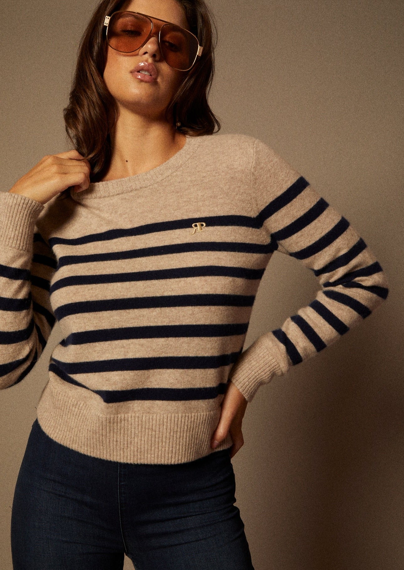 Cashmere Breton Navy Blue and Oatmeal Striped Long Sleeve Crew Neck Pullover Sweater