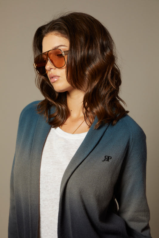 THE HEIDI CASHMERE OPEN CARDIGAN IN MIDNIGHT FADE OMBRE DYE