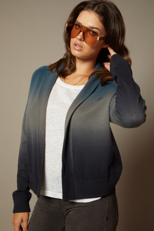 THE HEIDI CASHMERE OPEN CARDIGAN IN MIDNIGHT FADE OMBRE DYE