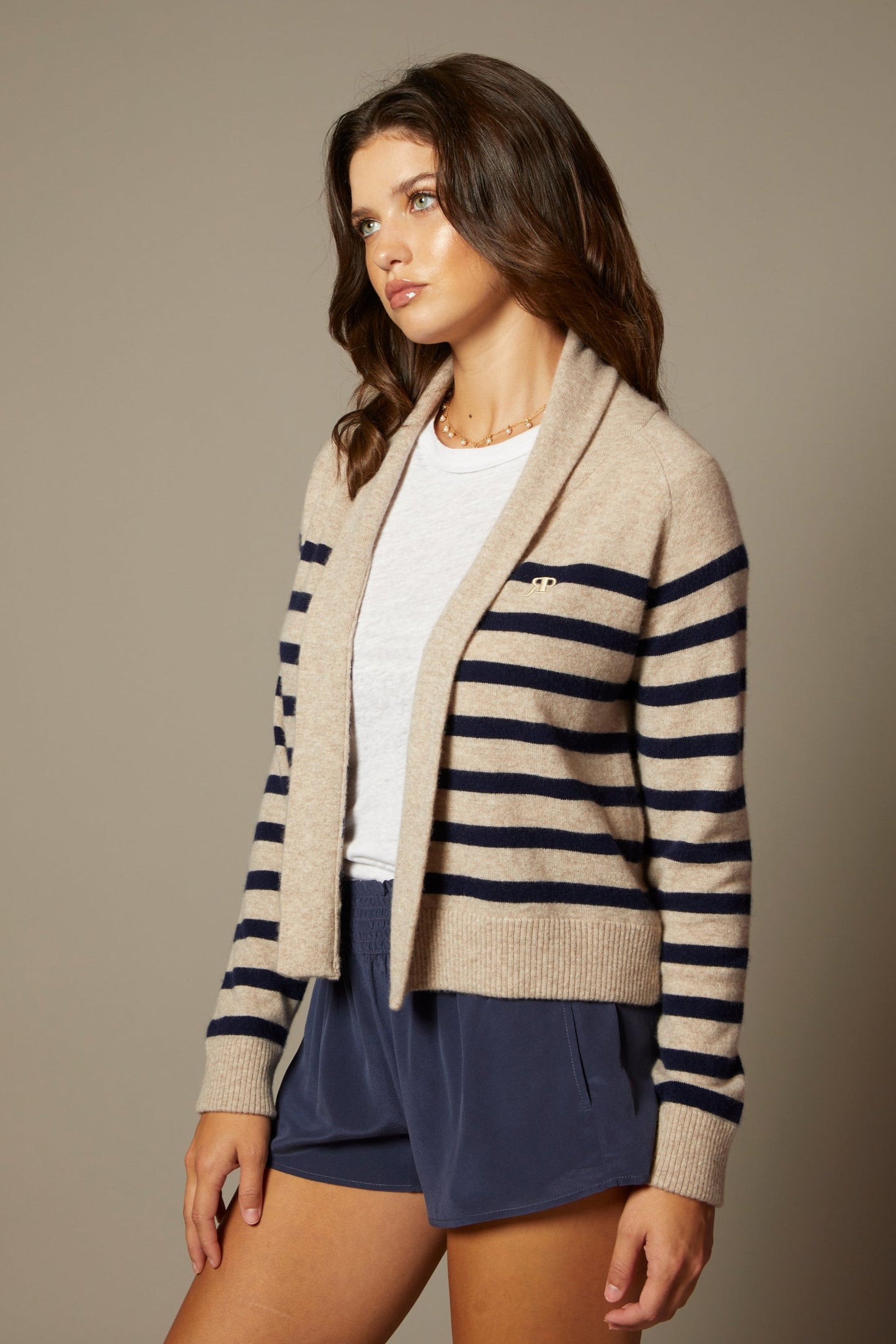 THE HEIDI CASHMERE OPEN SHAWL COLLAR SWEATER CARDIGAN IN BRETON STRIPES