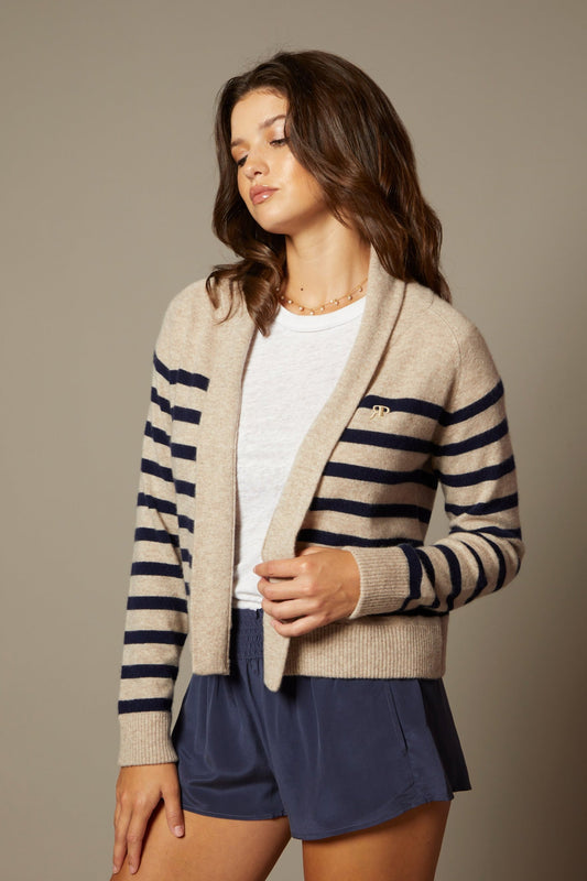 THE HEIDI CASHMERE OPEN SHAWL COLLAR SWEATER CARDIGAN IN BRETON STRIPES