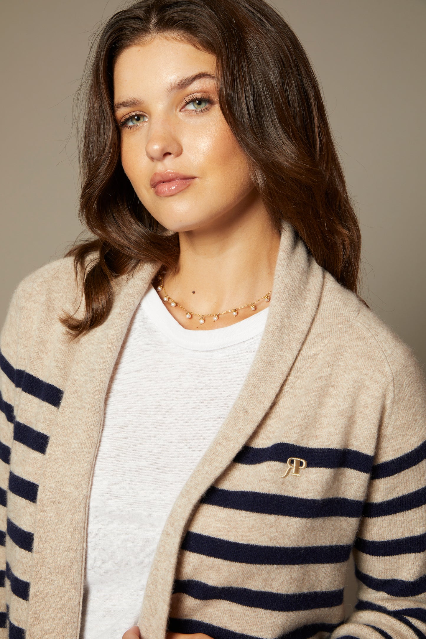 THE HEIDI CASHMERE OPEN SHAWL COLLAR SWEATER CARDIGAN IN BRETON STRIPES