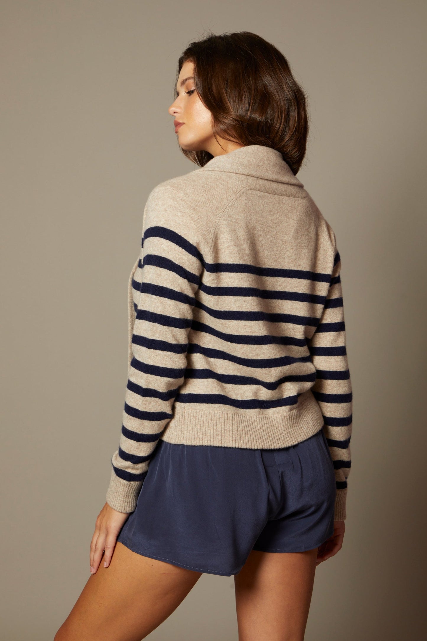 THE HEIDI CASHMERE OPEN SHAWL COLLAR SWEATER CARDIGAN IN BRETON STRIPES