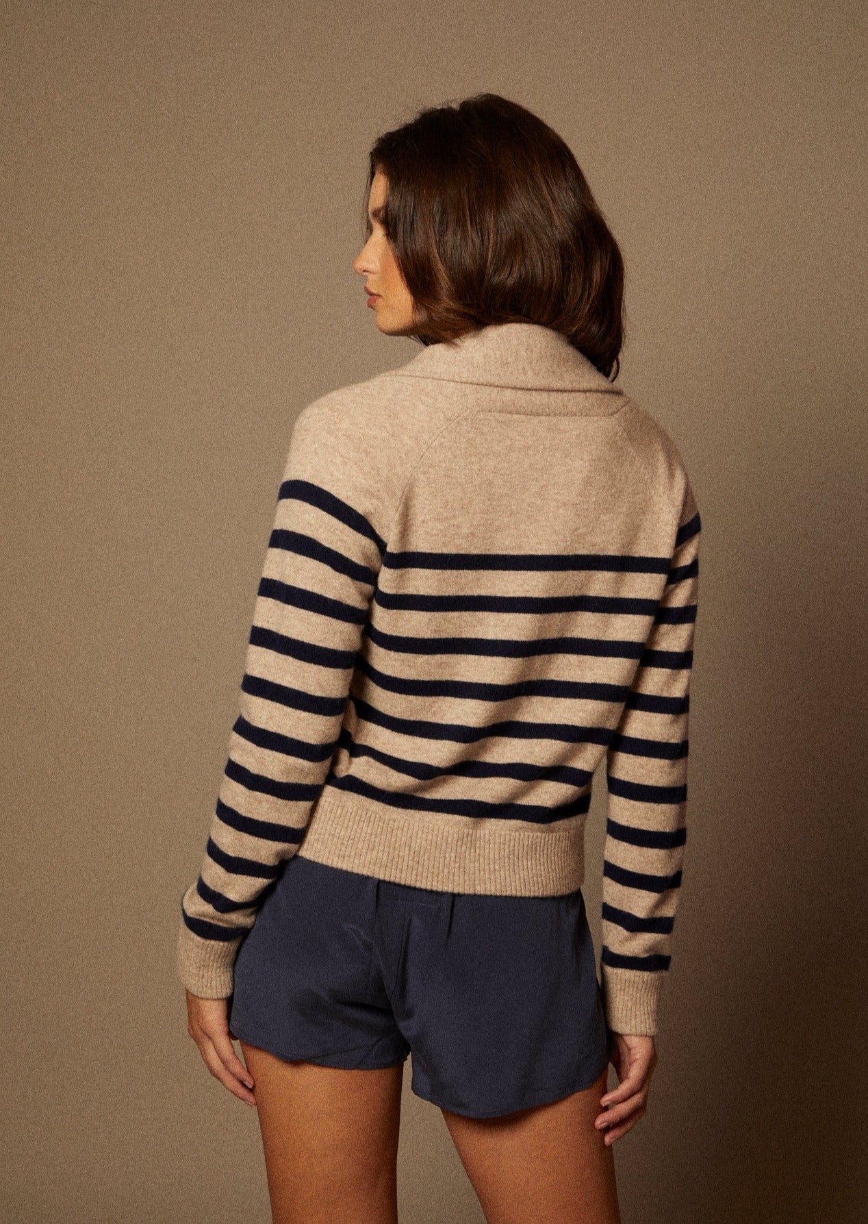 Cashmere Breton Navy Blue and Oatmeal Striped Shawl Collar Open Cardigan Sweater