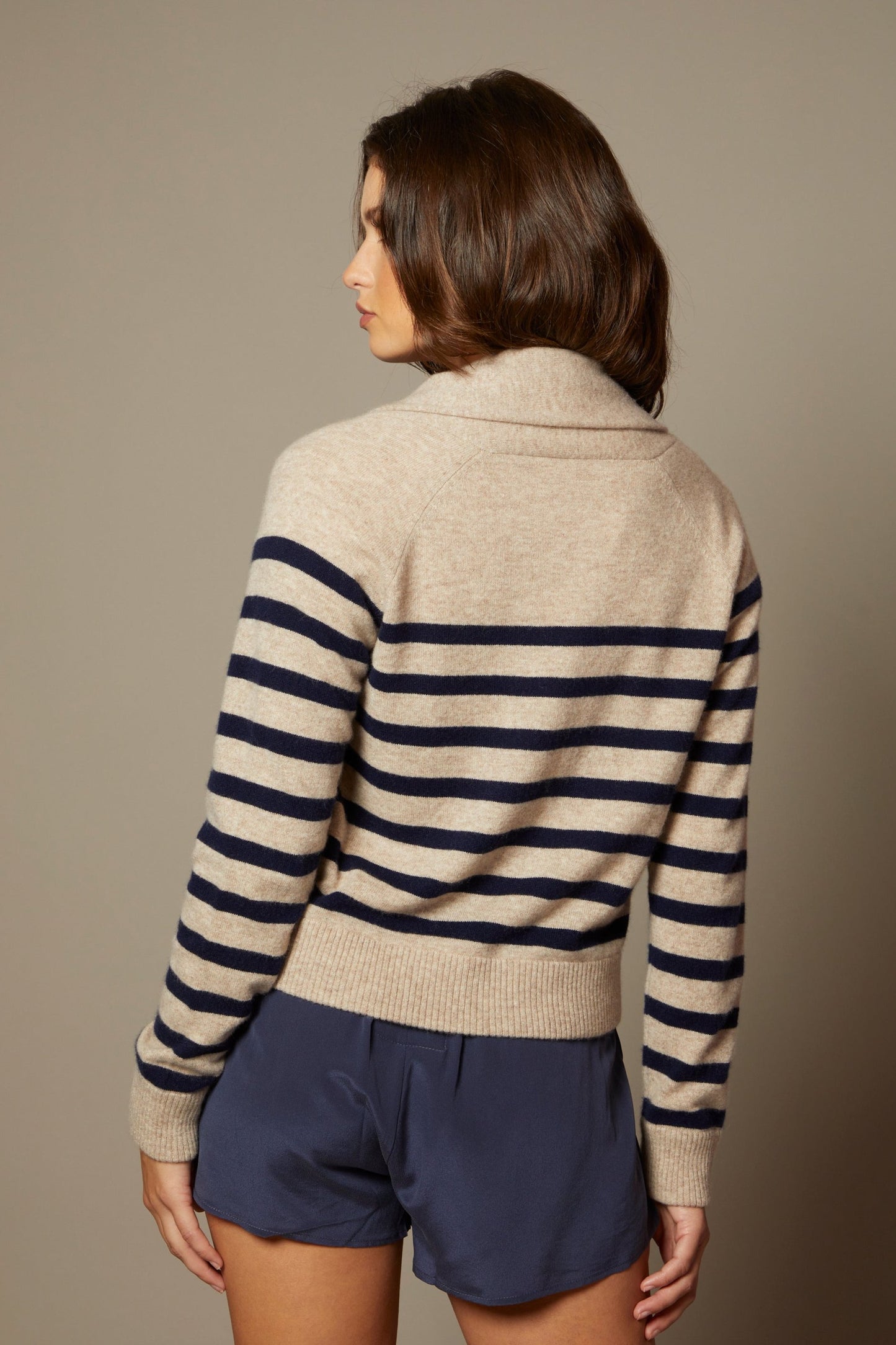 THE HEIDI CASHMERE OPEN SHAWL COLLAR SWEATER CARDIGAN IN BRETON STRIPES