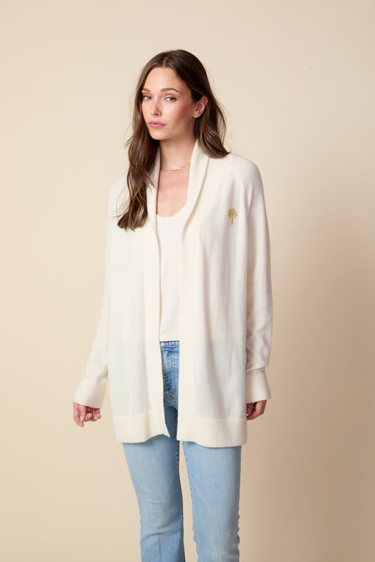 THE JOCELYN CASHMERE SHAWL COLLAR OPEN CARDIGAN IN CREAM