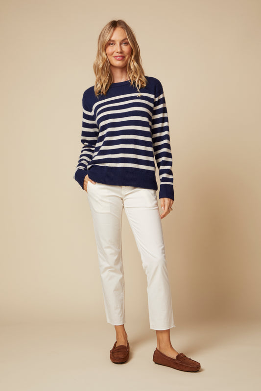THE PIPER CASHMERE PULLOVER IN NAVY AND LIGHT OATMEAL BRETON STRIPES