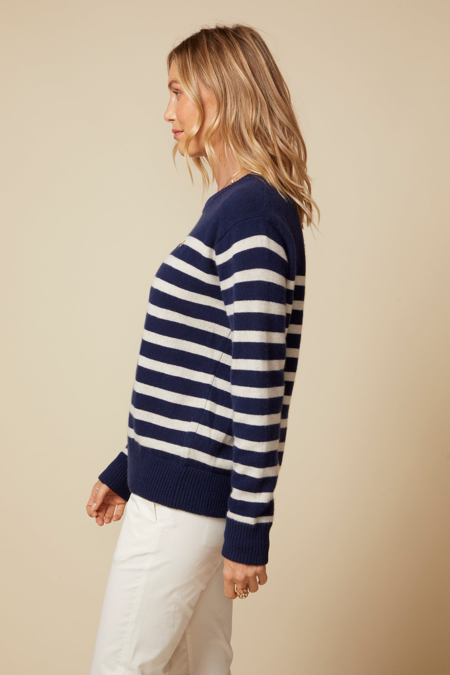 THE PIPER CASHMERE PULLOVER IN NAVY AND LIGHT OATMEAL BRETON STRIPES