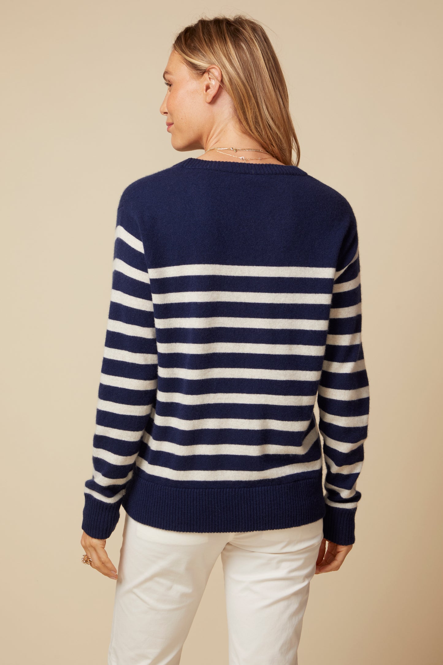 THE PIPER CASHMERE PULLOVER IN NAVY AND LIGHT OATMEAL BRETON STRIPES
