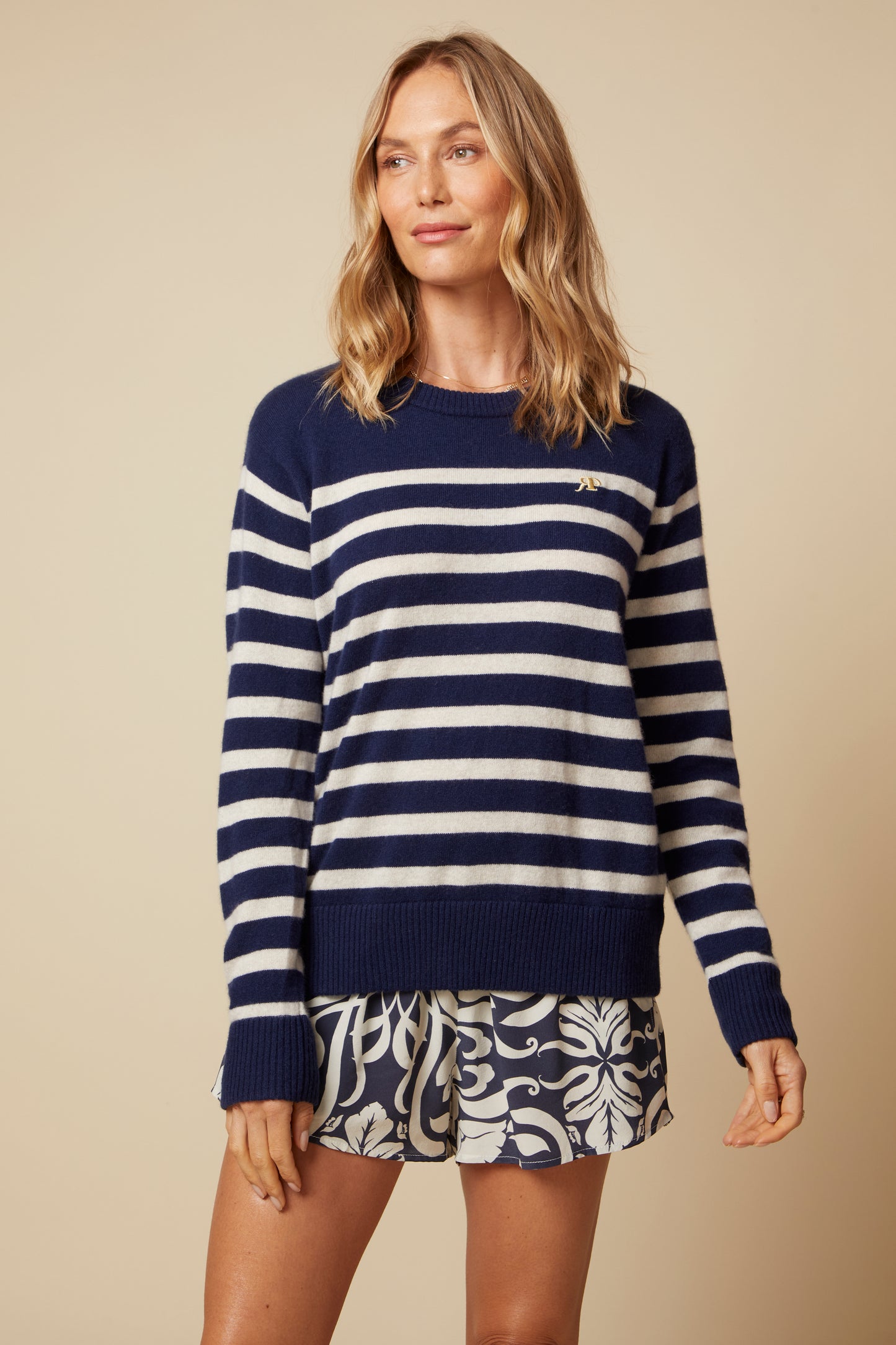 THE PIPER CASHMERE PULLOVER IN NAVY AND LIGHT OATMEAL BRETON STRIPES