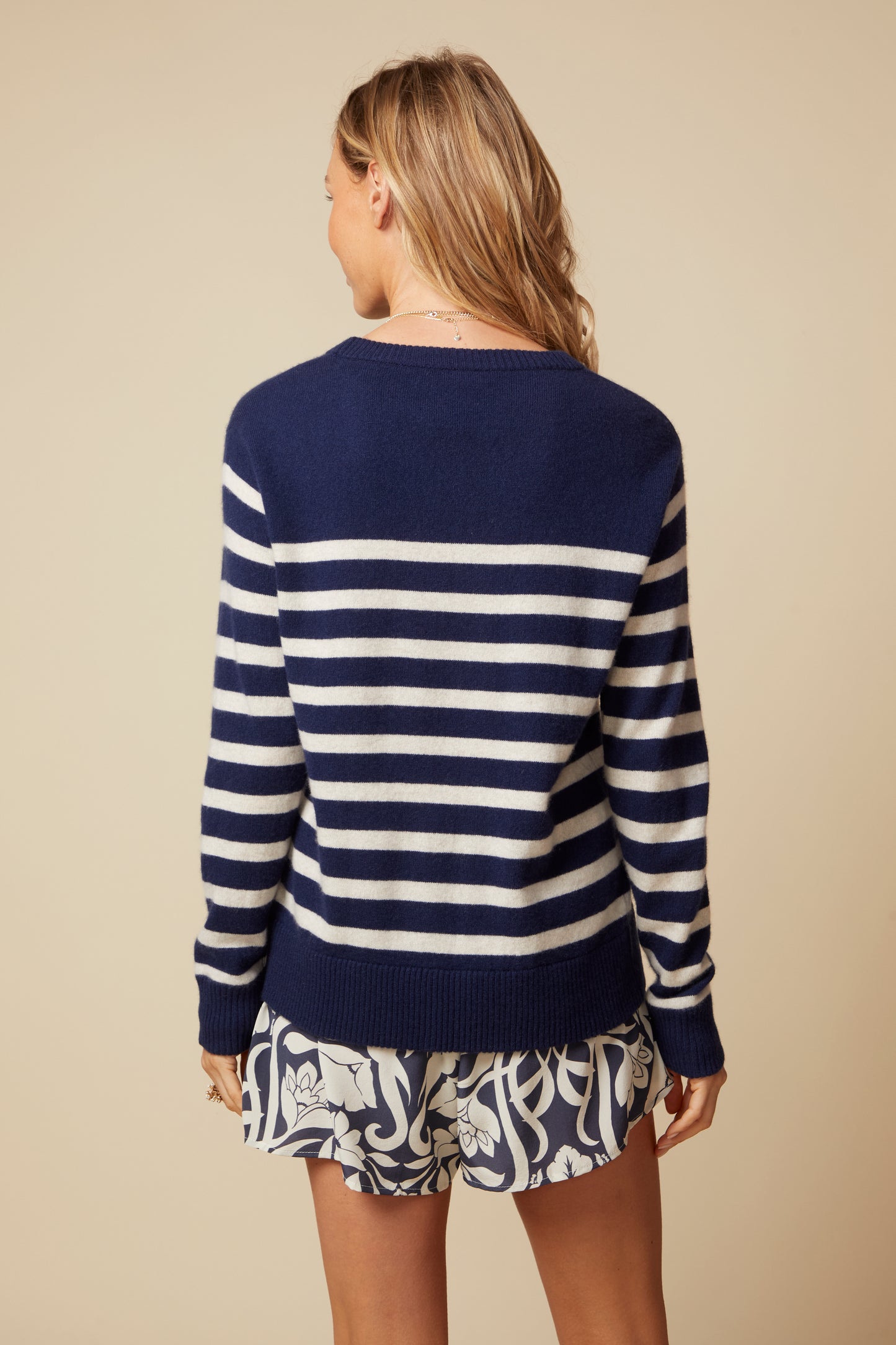 THE PIPER CASHMERE PULLOVER IN NAVY AND LIGHT OATMEAL BRETON STRIPES