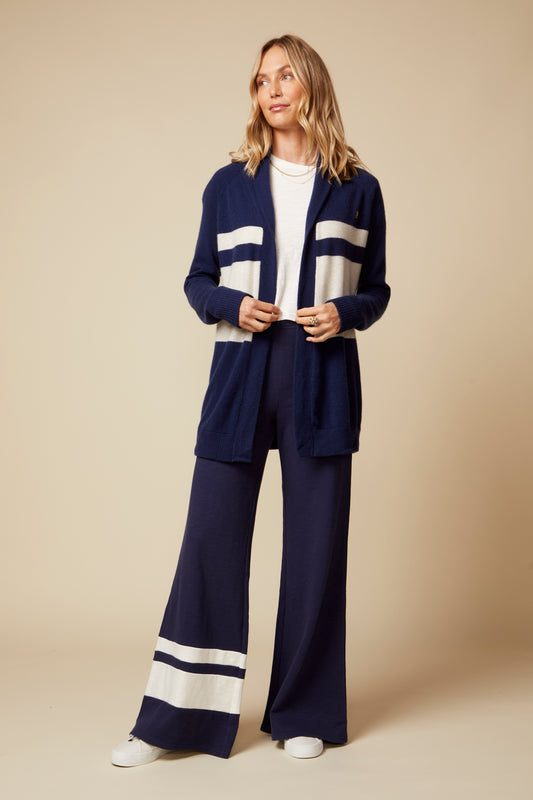 THE JOCELYN CASHMERE SHAWL COLLAR OPEN CARDIGAN IN NAVY & LIGHT OATMEAL STRIPE
