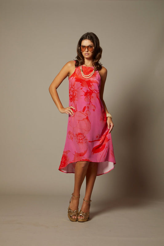 THE AMANDA HI LO SILK MIDI DRESS IN MARBELLA FLORAL PRINT - ROYAL PALMS love & legacy