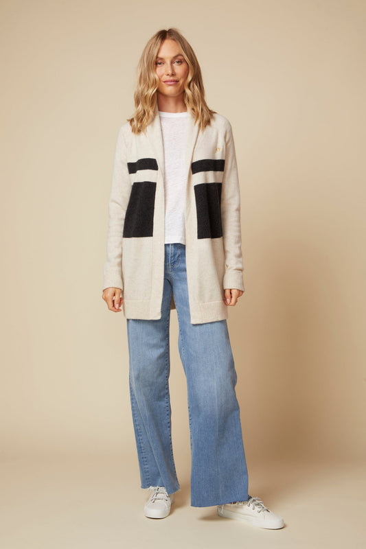 THE JOCELYN CASHMERE SHAWL COLLAR OPEN CARDIGAN IN LIGHT OATMEAL & CHARCOAL STRIPE - ROYAL PALMS love & legacy