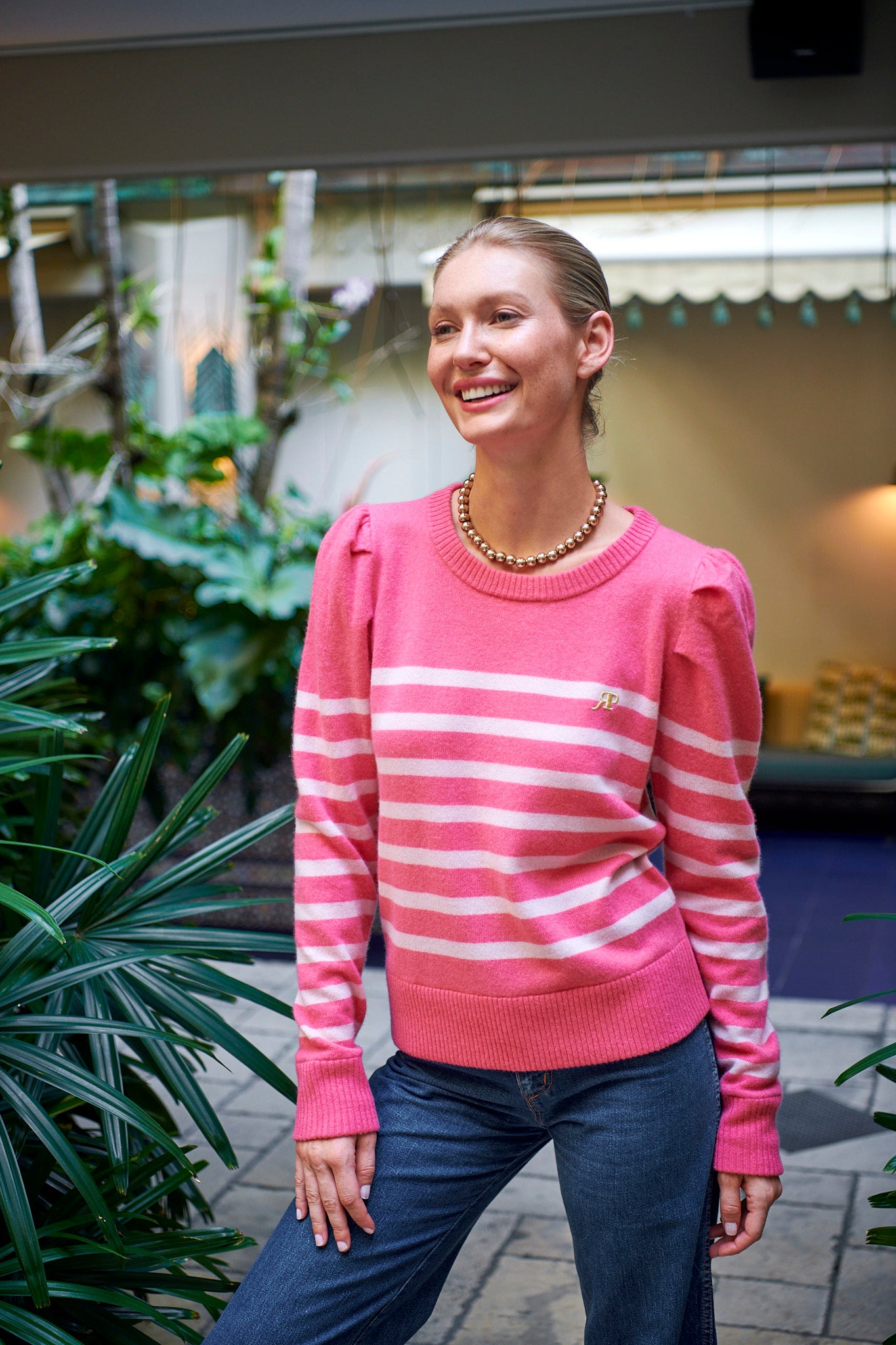 THE MILLY CASHMERE PUFF LONG SLEEVE PULLOVER IN BRIGHT CORAL & LIGHT PINK STRIPES