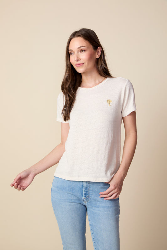 THE LAYLA TEE IN GARDENIA LINEN JERSEY - PALM TREE EMBROIDERY