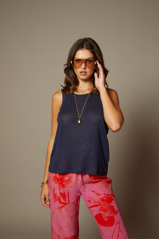 THE MOLLY TANK IN NAVY BLUE LINEN - BACK TO FRONT