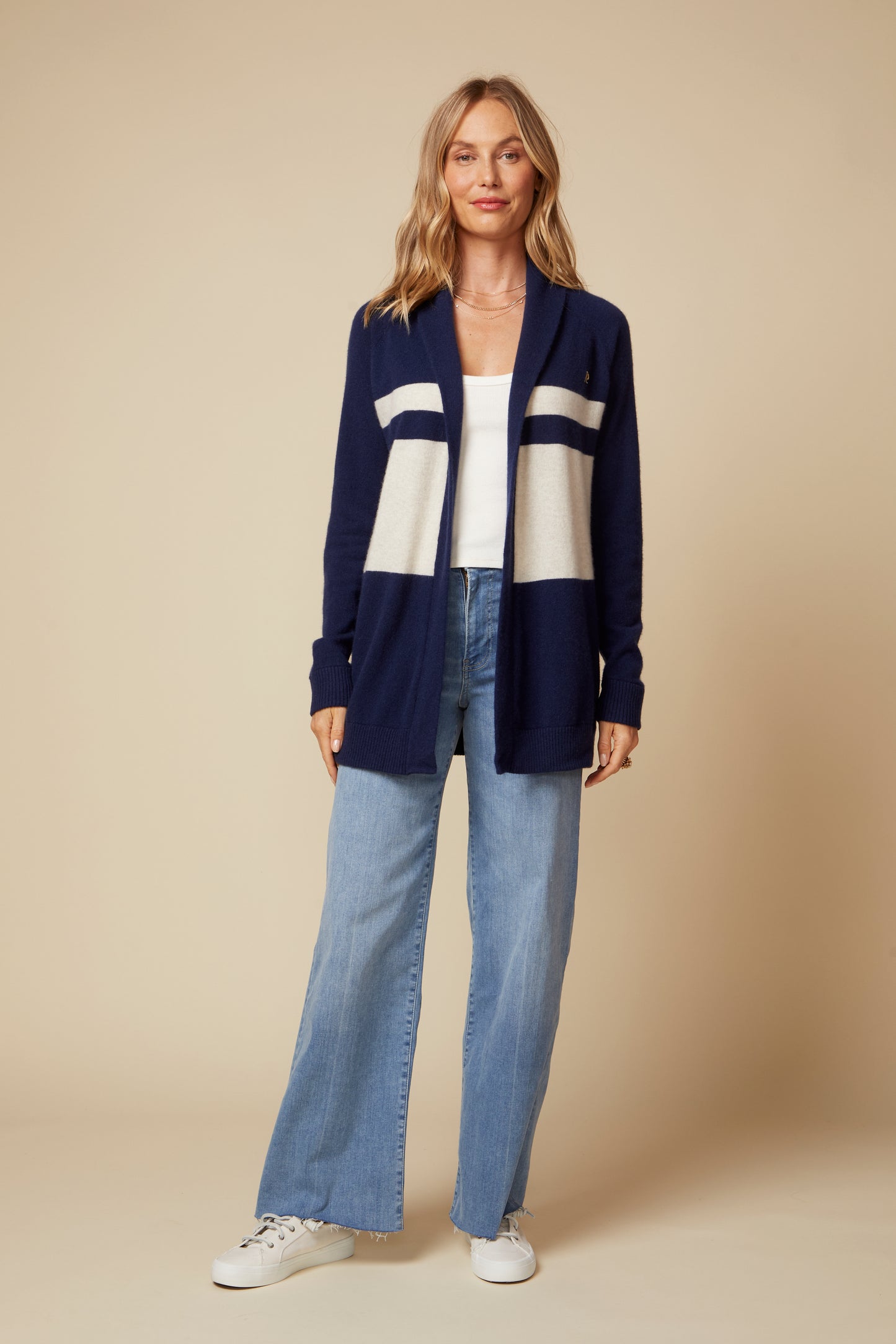 THE JOCELYN CASHMERE SHAWL COLLAR OPEN CARDIGAN IN NAVY & LIGHT OATMEAL STRIPE