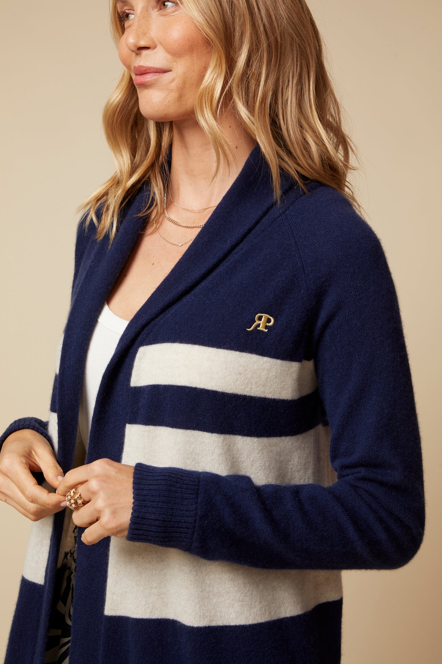 THE JOCELYN CASHMERE SHAWL COLLAR OPEN CARDIGAN IN NAVY & LIGHT OATMEAL STRIPE