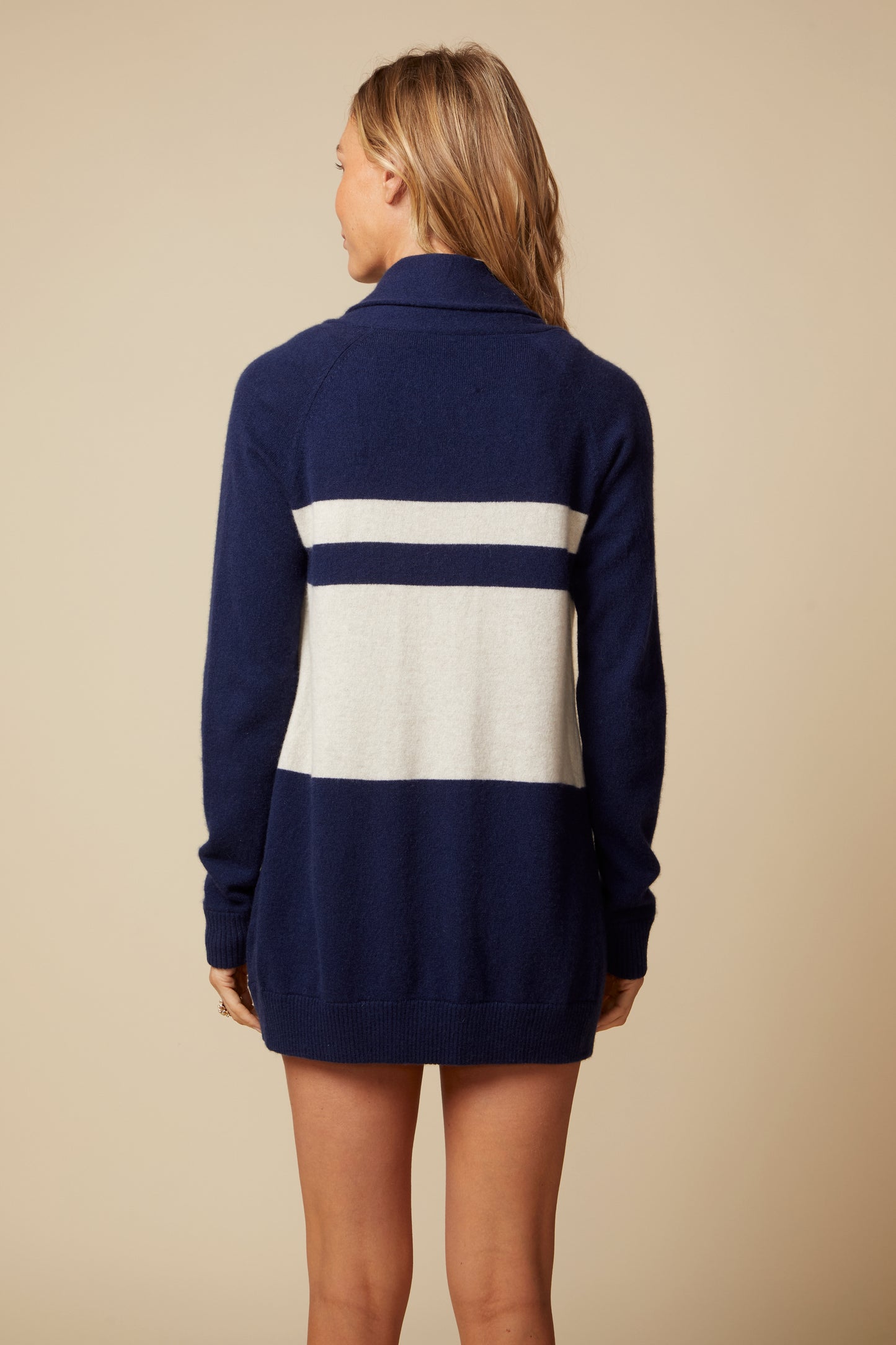 THE JOCELYN CASHMERE SHAWL COLLAR OPEN CARDIGAN IN NAVY & LIGHT OATMEAL STRIPE