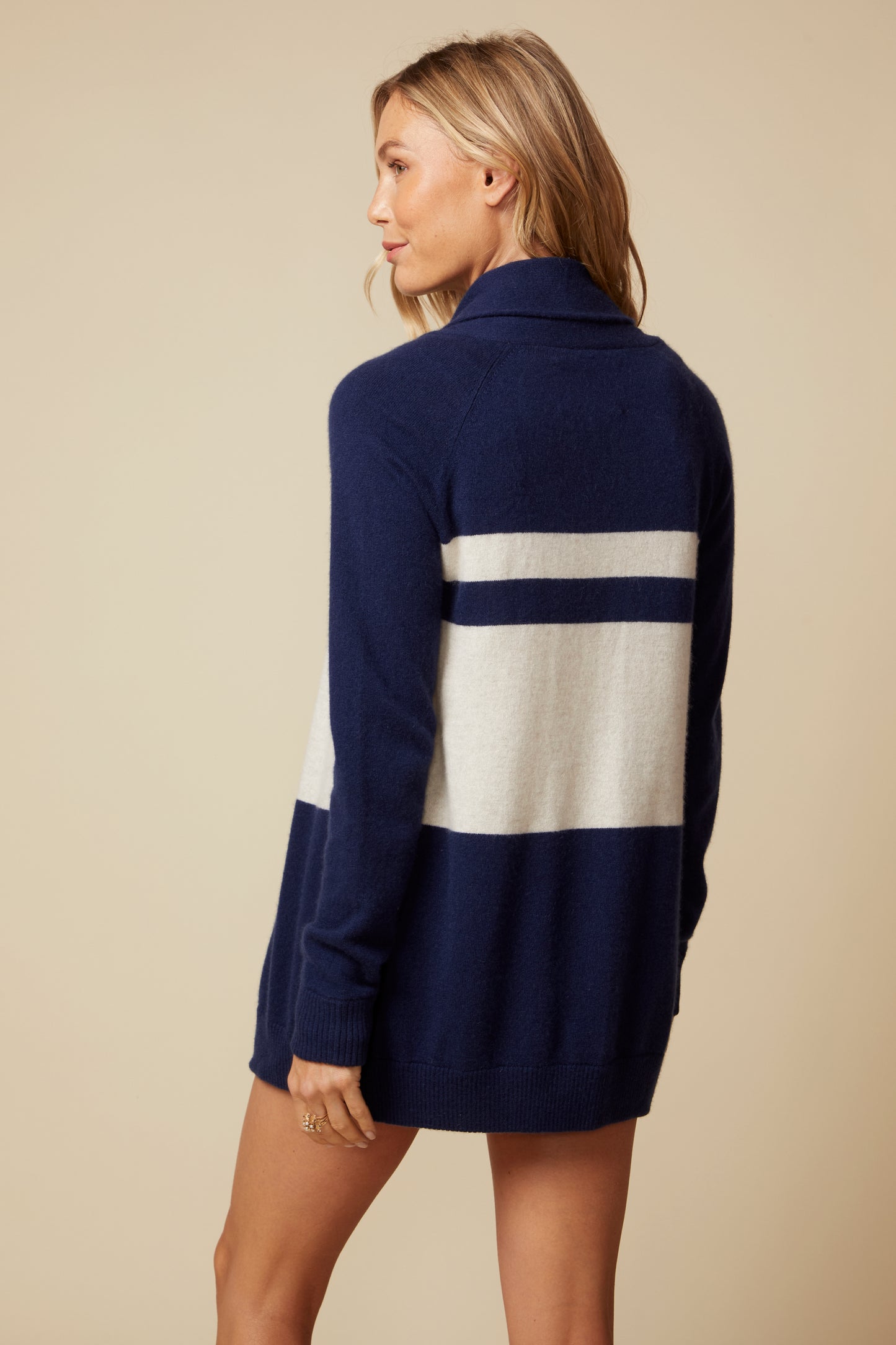 THE JOCELYN CASHMERE SHAWL COLLAR OPEN CARDIGAN IN NAVY & LIGHT OATMEAL STRIPE