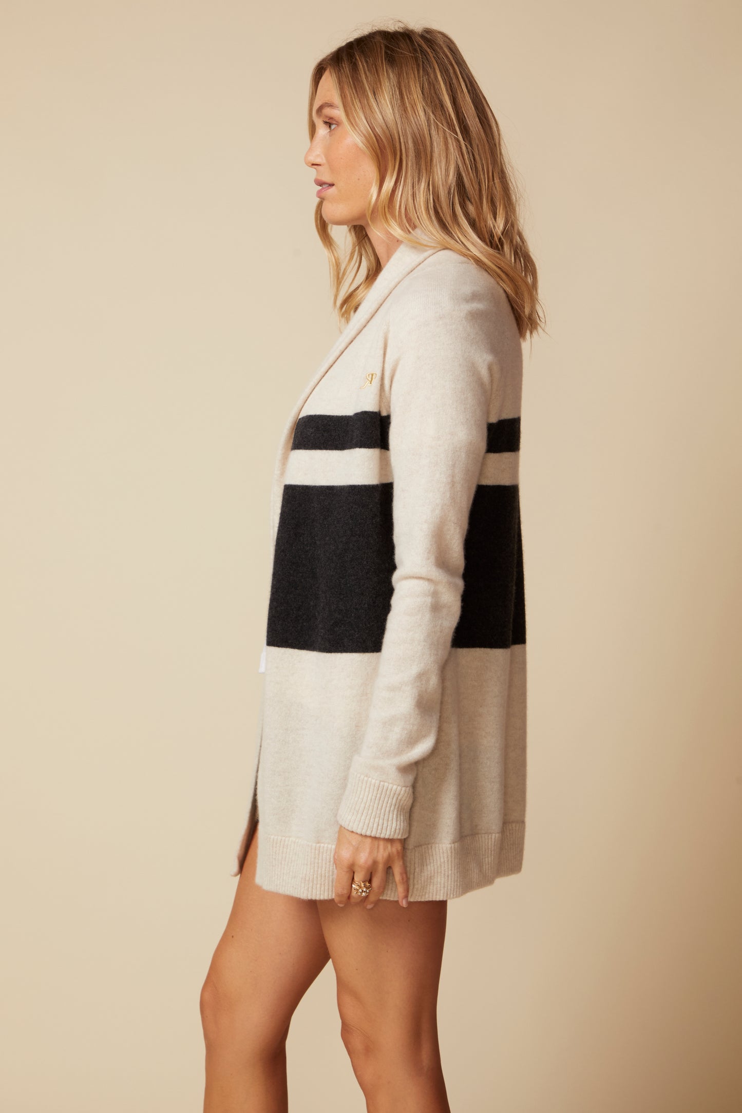 THE JOCELYN CASHMERE SHAWL COLLAR OPEN CARDIGAN IN LIGHT OATMEAL & CHARCOAL STRIPE