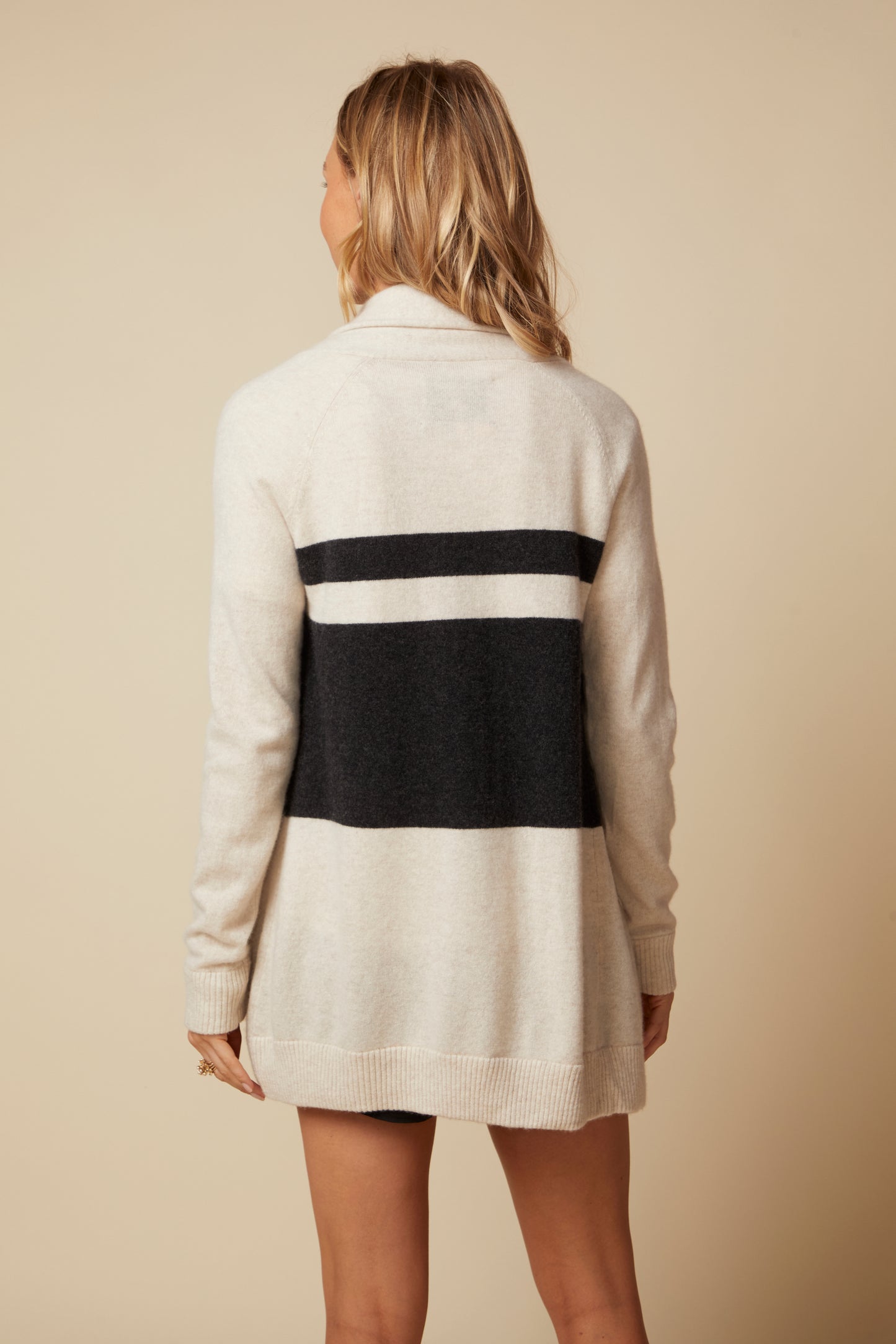 THE JOCELYN CASHMERE SHAWL COLLAR OPEN CARDIGAN IN LIGHT OATMEAL & CHARCOAL STRIPE