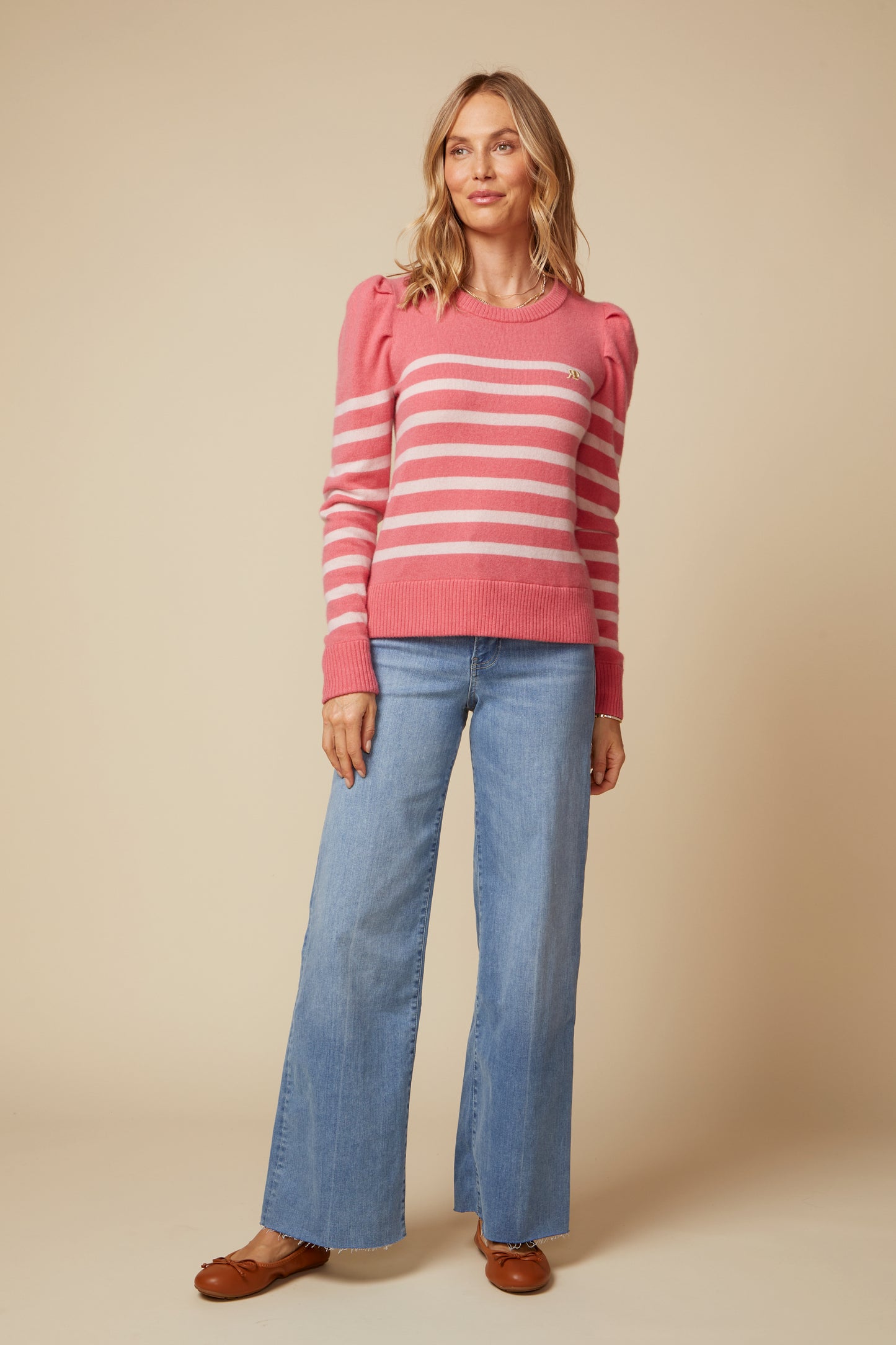 THE MILLY CASHMERE PUFF LONG SLEEVE PULLOVER IN BRIGHT CORAL & LIGHT PINK STRIPES