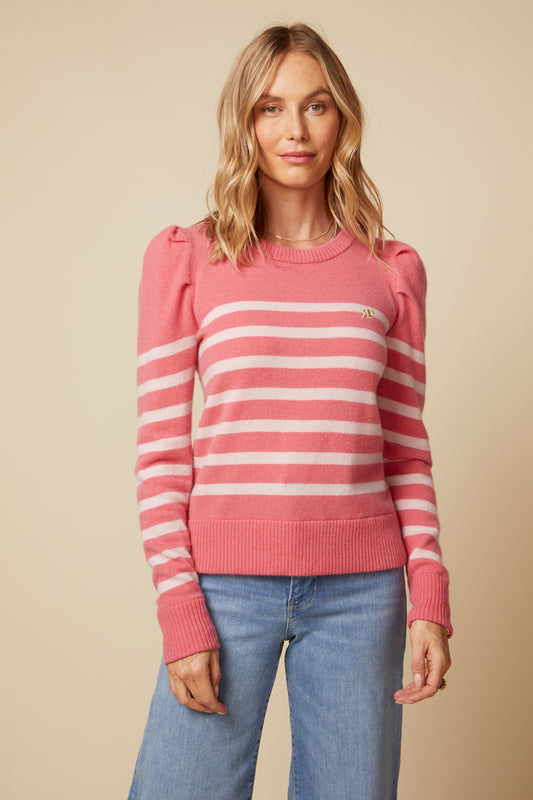 THE MILLY CASHMERE PUFF LONG SLEEVE PULLOVER IN BRIGHT CORAL & LIGHT PINK STRIPES