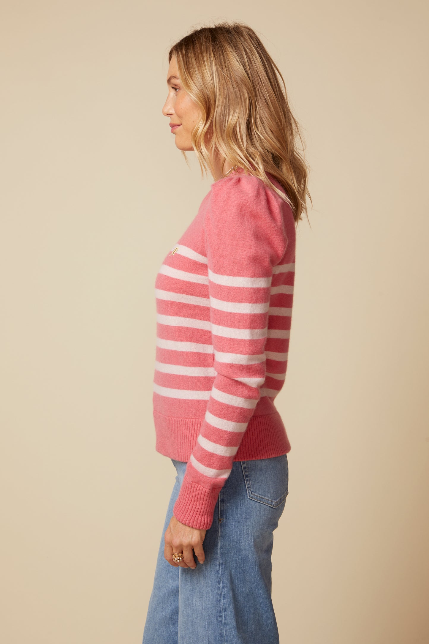 THE MILLY CASHMERE PUFF LONG SLEEVE PULLOVER IN BRIGHT CORAL & LIGHT PINK STRIPES