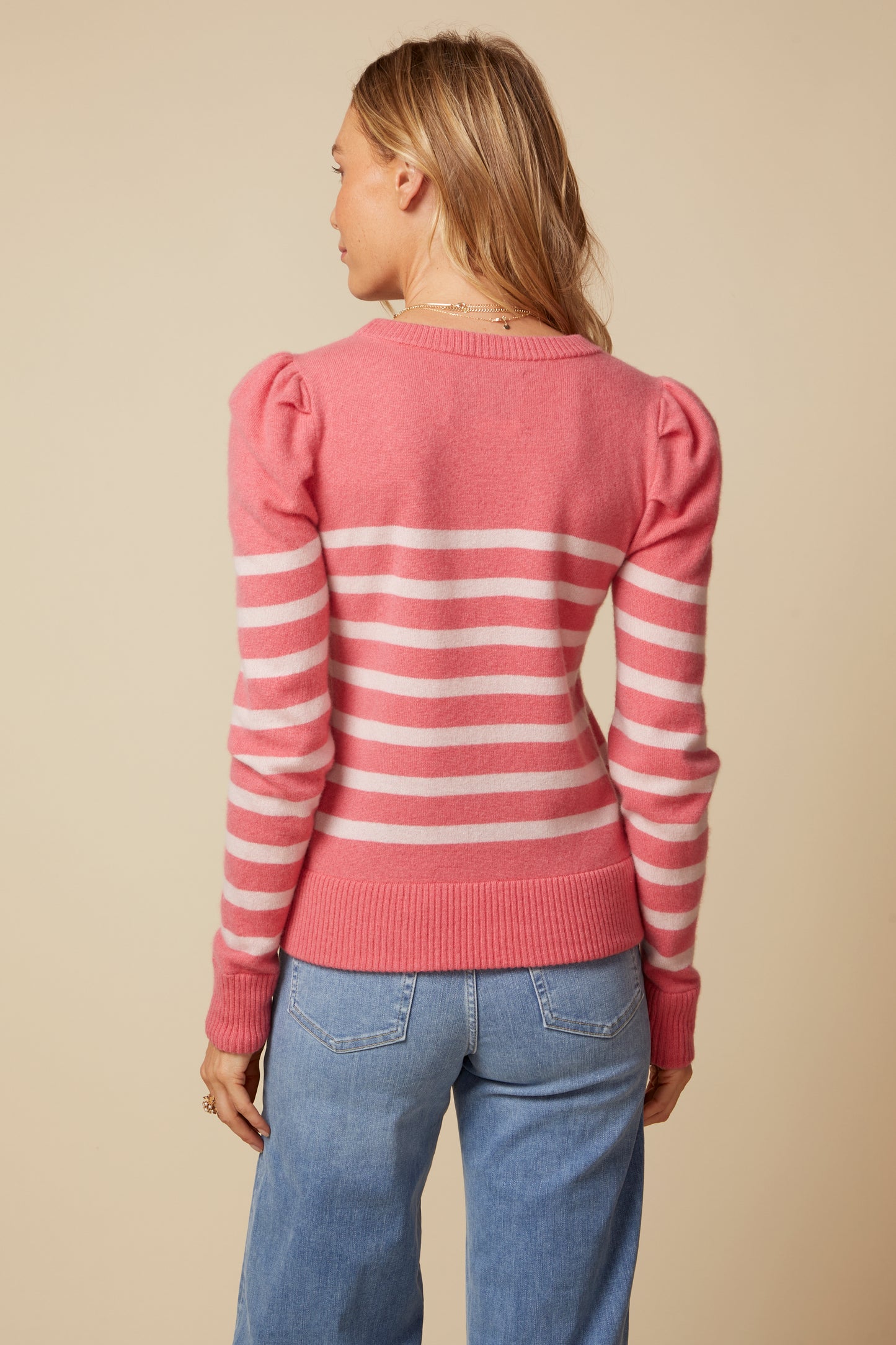 THE MILLY CASHMERE PUFF LONG SLEEVE PULLOVER IN BRIGHT CORAL & LIGHT PINK STRIPES