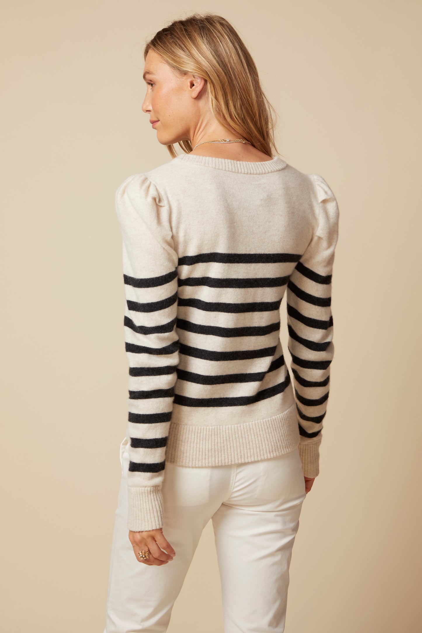 THE MILLY CASHMERE PUFF LONG SLEEVE PULLOVER IN LIGHT OATMEAL & CHARCOAL STRIPES