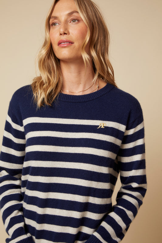 THE PIPER CASHMERE PULLOVER IN NAVY AND LIGHT OATMEAL BRETON STRIPES